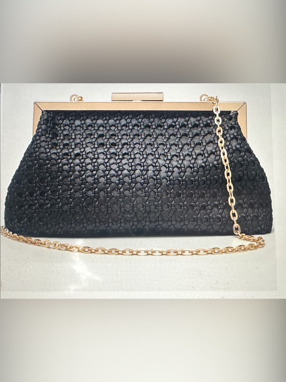 Black Woven Evening Clutch with Gold Chain